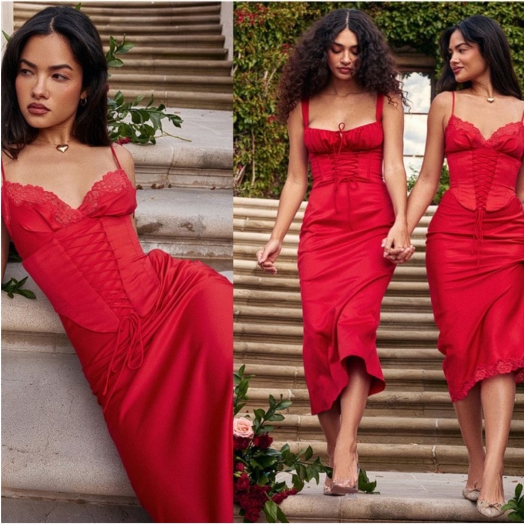 House Of Cb Xl D-Dd 'Salma' Red Rose Satin Slip Dress Nwot
